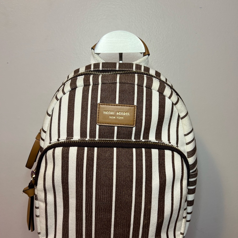 Henri Bendel brown and white striped canvas mini backpack
